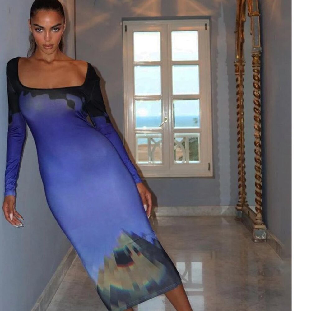 NWOT AMY SHEHAB PURPLE BLUE EYE OF GIZA BACKLESS MIDI BODYCON PENCIL DRESS - S